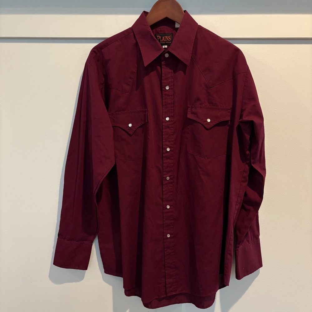 Plains Western‎ Wear Men Large Maroon Long Sleeve Pearl Snap Front Cowboy